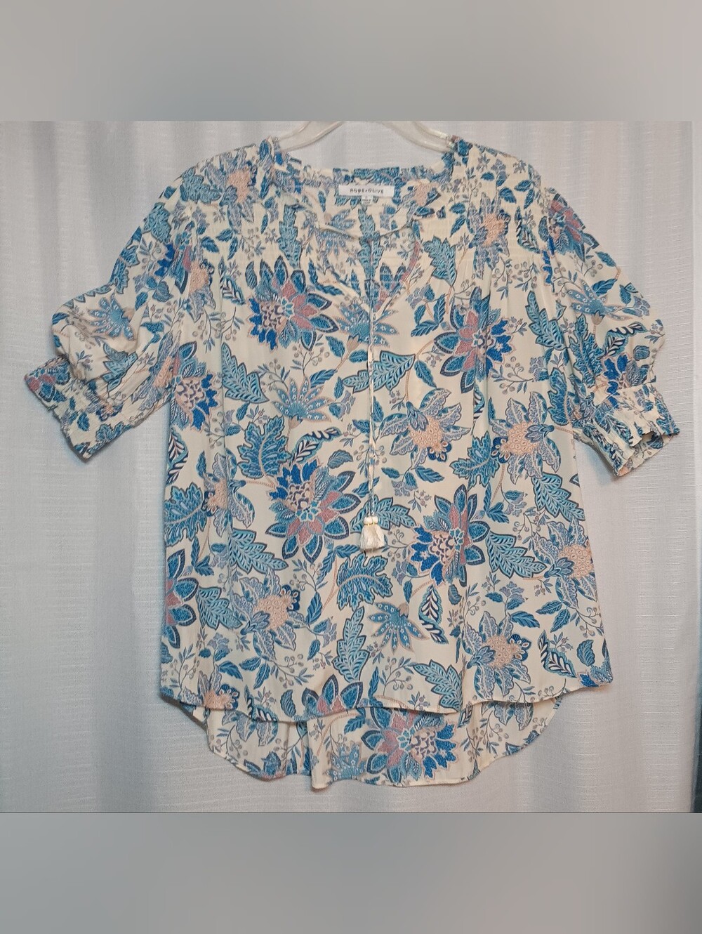 Rose & Olive Blue & Cream Floral Peasant Blouse Lg